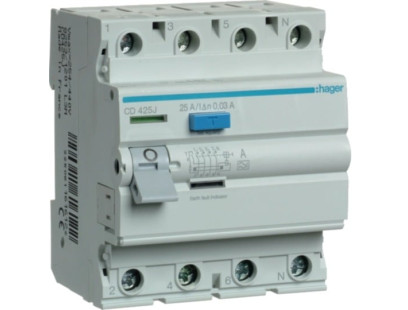 Srovės nuotėkio relė Hager CD425J (A, 25A, 4P, 30mA, 230V)