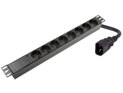 Maitinimo panelė spintai 19" (8x220V Schuko, įeinanti jungtis C14, plastikinis korpusas, 2m kabelis)