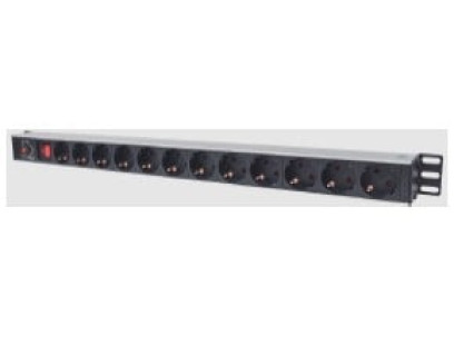 Maitinimo panelė vertikali 19'' spintai LK-BL-G10O12S (12x240V Schuko, su jungikliu, 1.8m, aliuminis korpusas)
