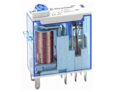 Relė Finder 465290240040 (24V DC, 8A/250VAC, 2 grupės, 46 serija, TEST, mechaninė indikacija)